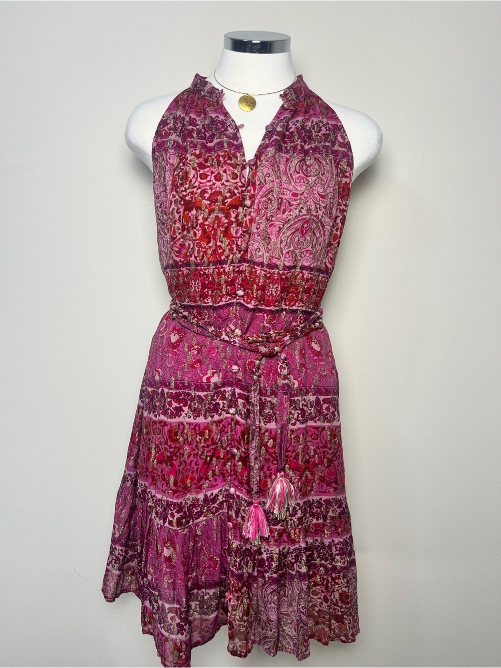 ZARA Patchwork Print Dress NWT M Pink Floral Belted Button Front Boho Tassel